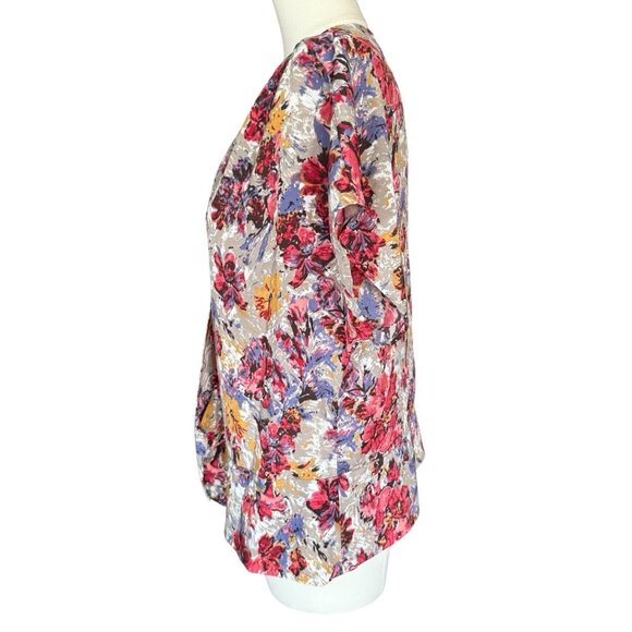 Pleione Multicolored Floral V-Neck Short Sleeve Snap Closure Top Women's M - Picture 3 of 10